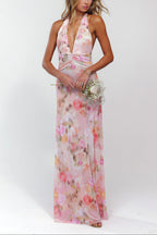 Floral Halter Deep V Neck Ruched Waist Maxi Dress - Wedding Guest