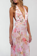 Floral Halter Deep V Neck Ruched Waist Maxi Dress - Wedding Guest