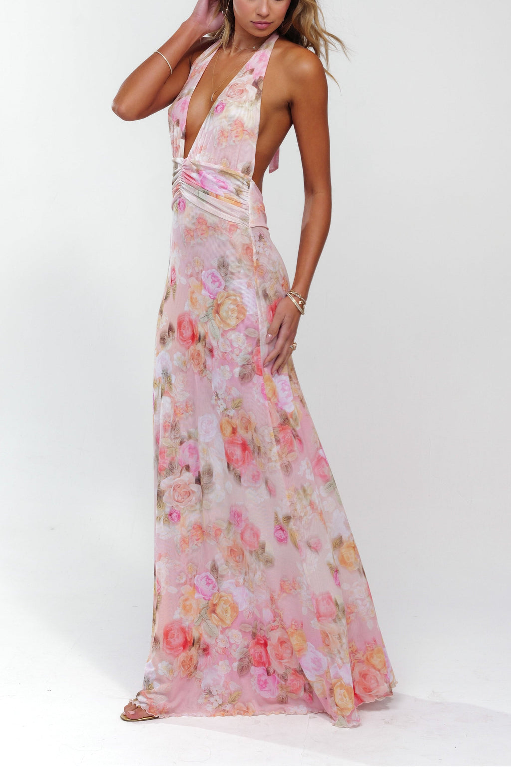Floral Halter Deep V Neck Ruched Waist Maxi Dress - Wedding Guest