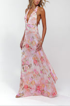 Floral Halter Deep V Neck Ruched Waist Maxi Dress - Wedding Guest