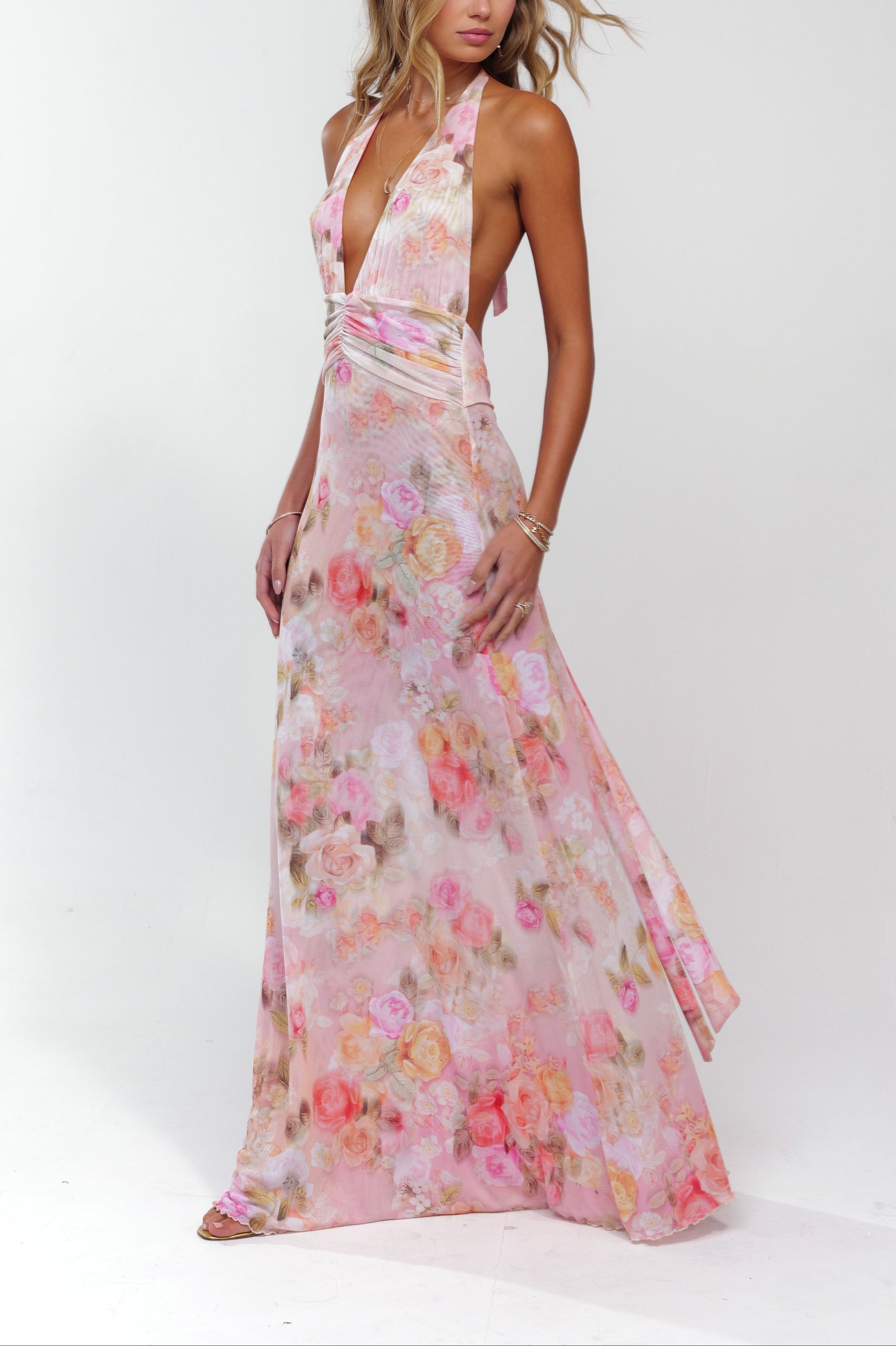 Floral Halter Deep V Neck Ruched Waist Maxi Dress - Wedding Guest