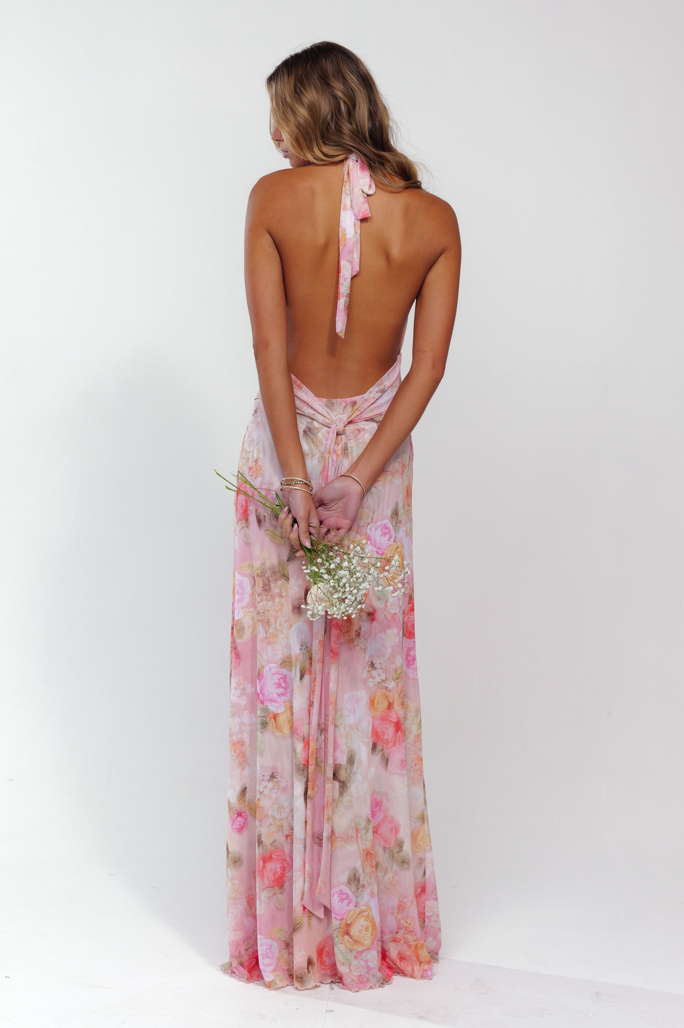 Floral Halter Deep V Neck Ruched Waist Maxi Dress - Wedding Guest
