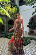 Abstract Marble Print Strapless Tiered Maxi Dress - Wedding Guest
