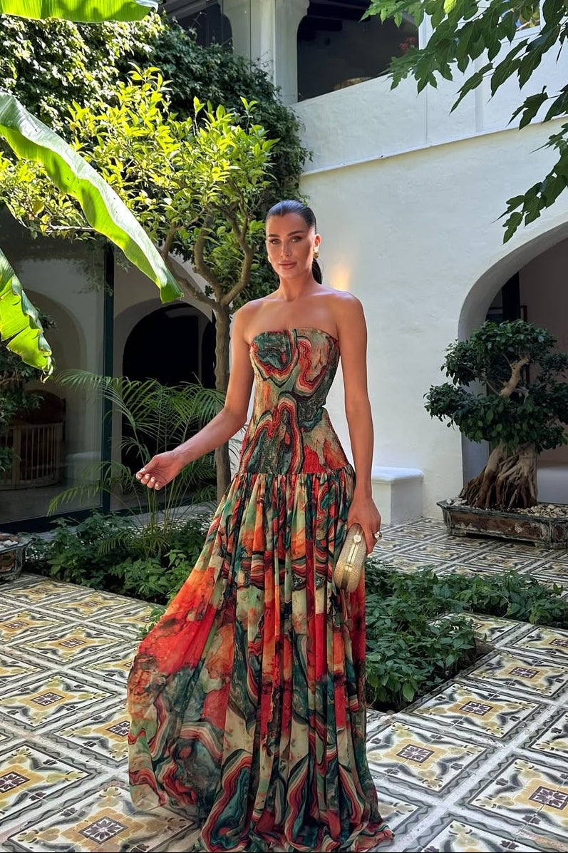 Abstract Marble Print Strapless Tiered Maxi Dress - Wedding Guest