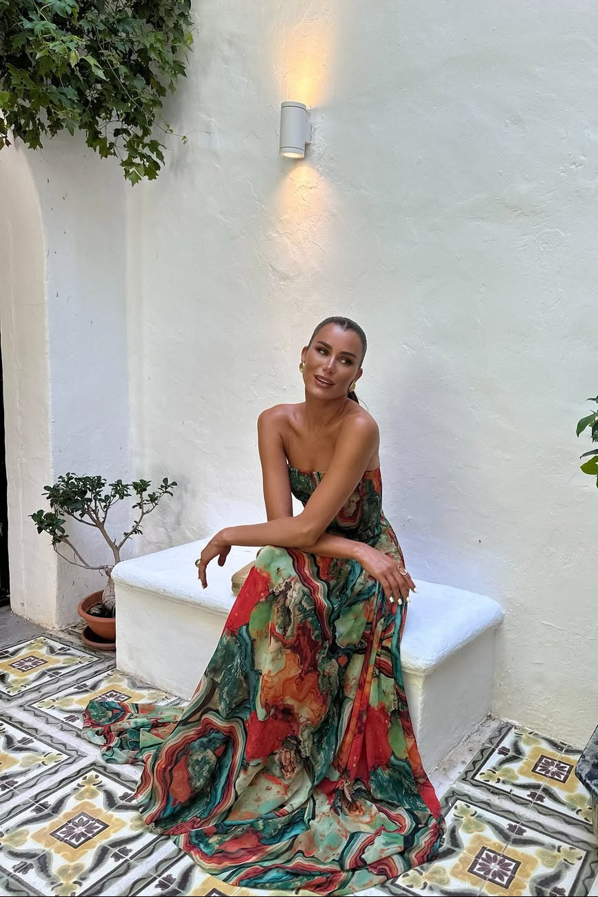 Abstract Marble Print Strapless Tiered Maxi Dress - Wedding Guest