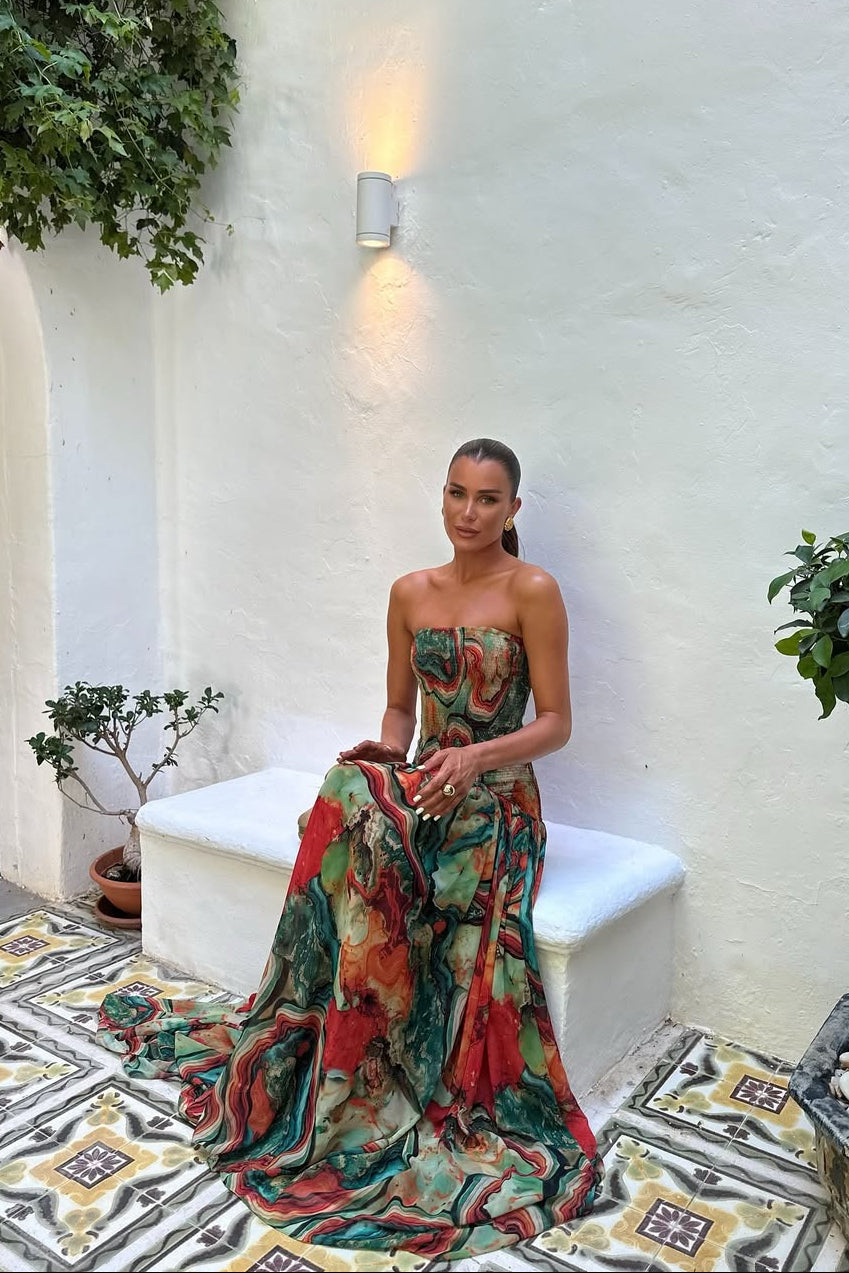 Abstract Marble Print Strapless Tiered Maxi Dress - Wedding Guest