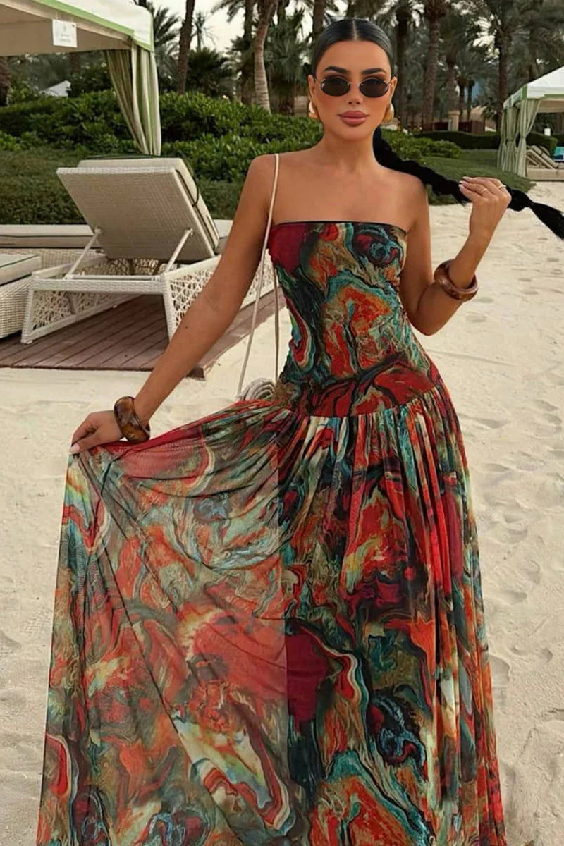 Abstract Marble Print Strapless Tiered Maxi Dress - Wedding Guest