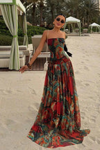 Abstract Marble Print Strapless Tiered Maxi Dress - Wedding Guest