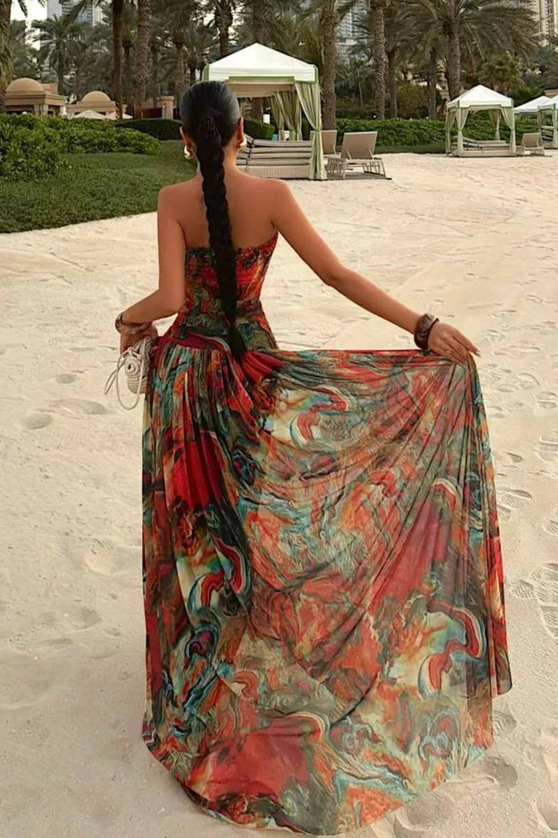 Abstract Marble Print Strapless Tiered Maxi Dress - Wedding Guest