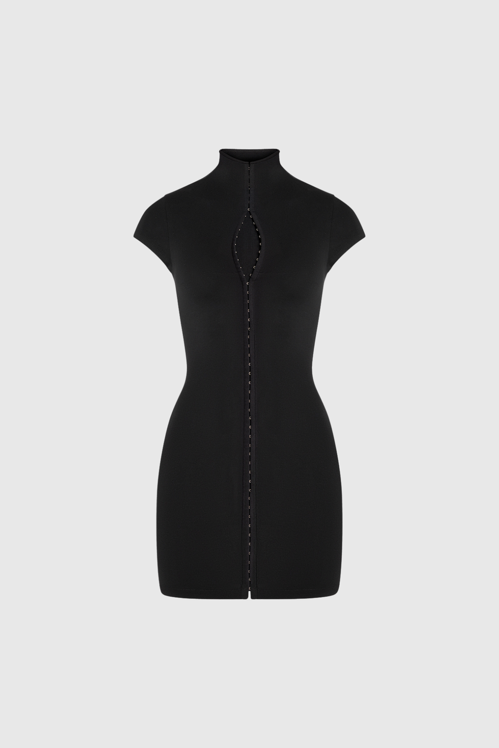 Mock Neck Cap Sleeve Hook Eye Bodycon Mini Dress