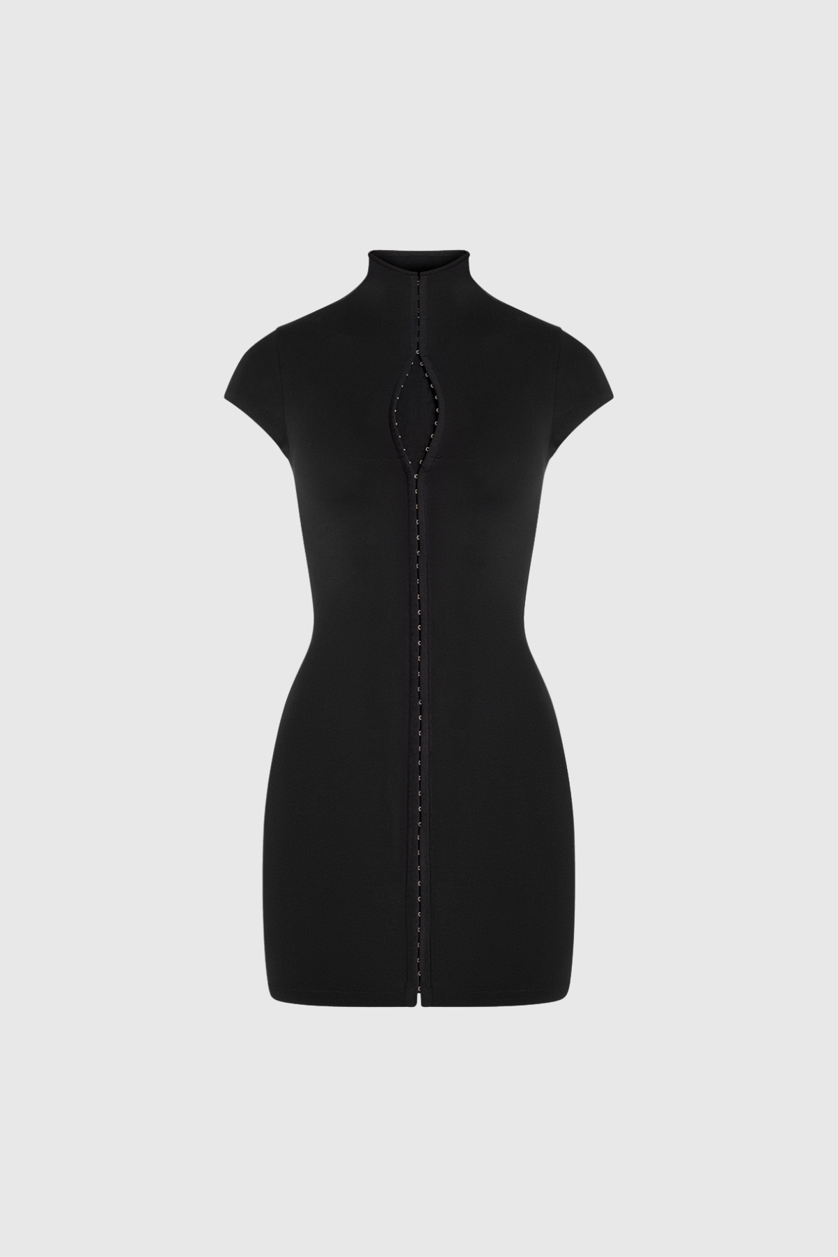 Mock Neck Cap Sleeve Hook Eye Bodycon Mini Dress