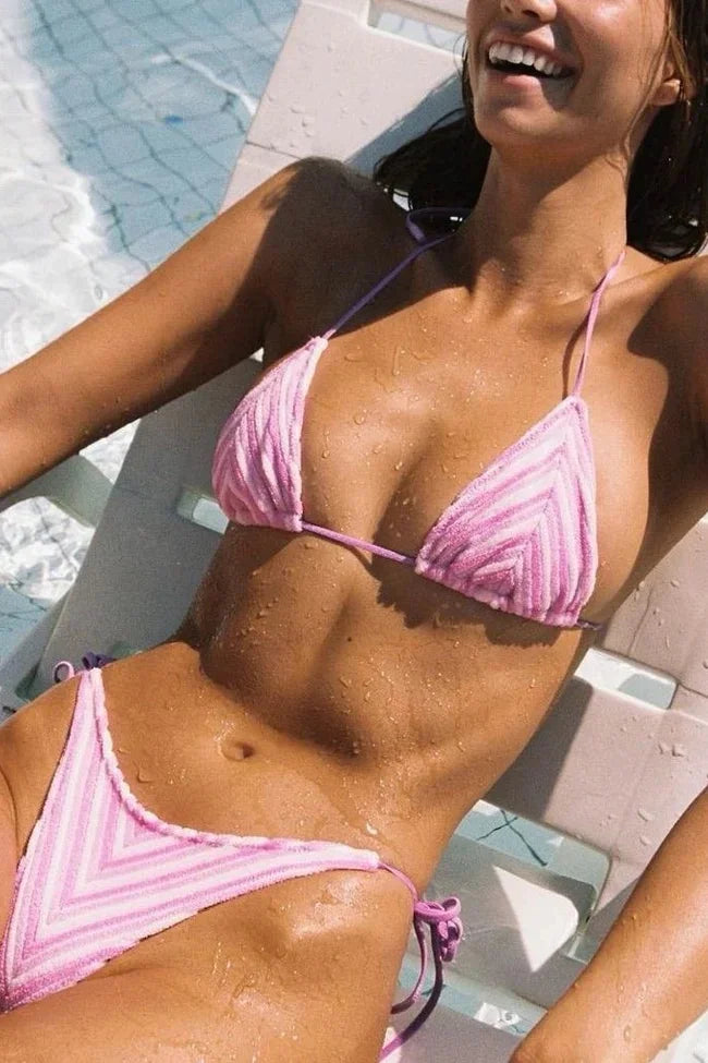 Chevron Stripe Contrast Tie String Triangle Bikini Set