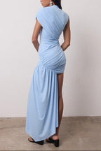 Mock Neck Sleeveless Asymmetric Ruched Bodycon Mini Dress