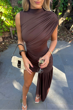 Mock Neck Sleeveless Asymmetric Ruched Bodycon Mini Dress