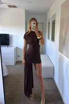 Mock Neck Sleeveless Asymmetric Ruched Bodycon Mini Dress