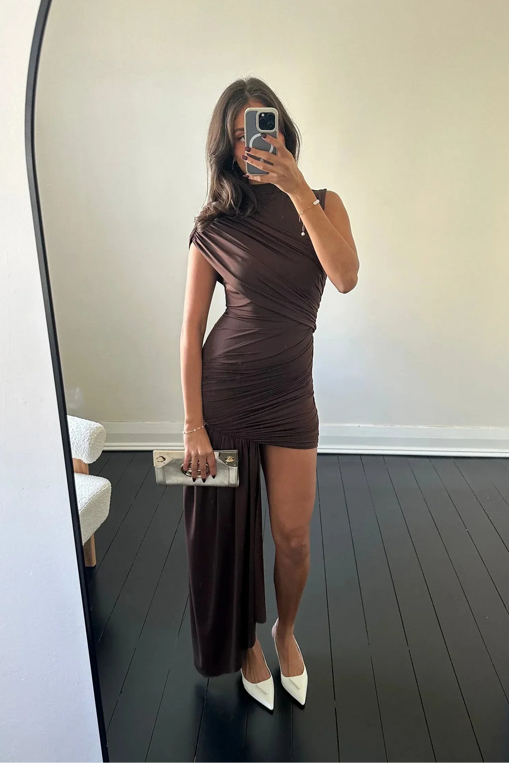 Mock Neck Sleeveless Asymmetric Ruched Bodycon Mini Dress