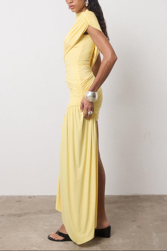 Mock Neck Sleeveless Asymmetric Ruched Bodycon Mini Dress