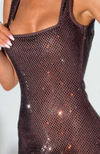Rhinestone Fishnet Mesh Square Neck Bodycon Mini Dress