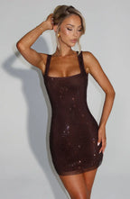 Rhinestone Fishnet Mesh Square Neck Bodycon Mini Dress