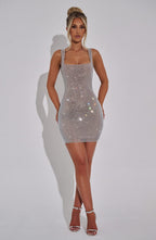 Rhinestone Fishnet Mesh Square Neck Bodycon Mini Dress