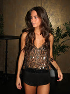 Beaded Sequin Embellished V Neck Sheer Going Out Top