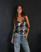 Beaded Sequin Embellished V Neck Sheer Going Out Top