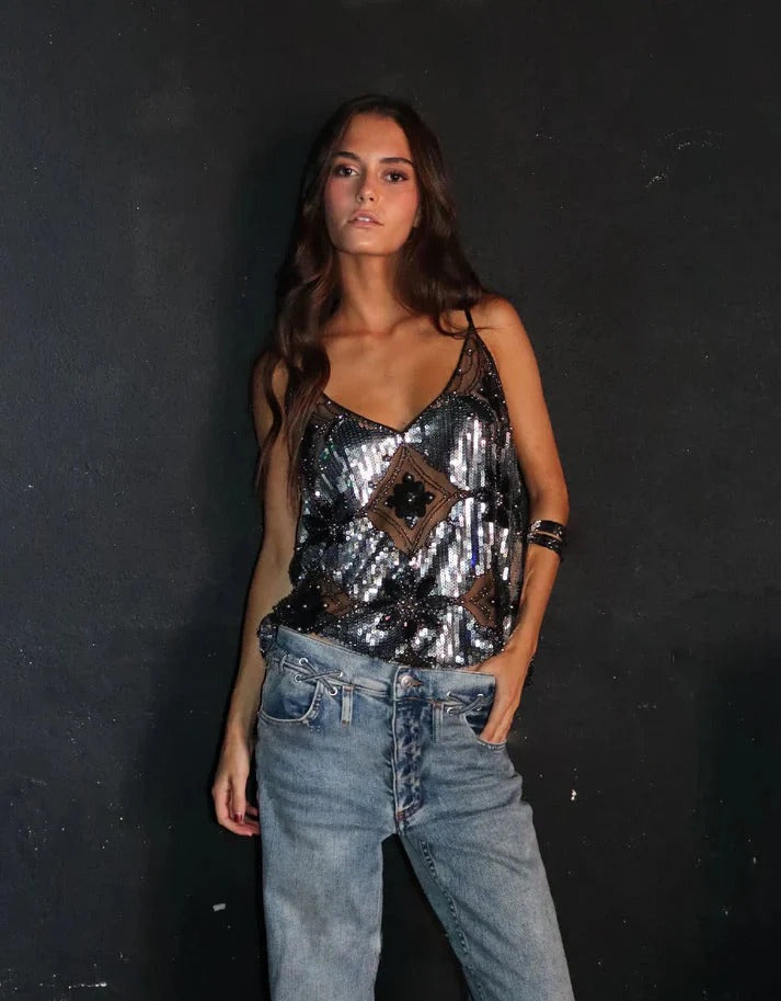Beaded Sequin Embellished V Neck Sheer Going Out Top