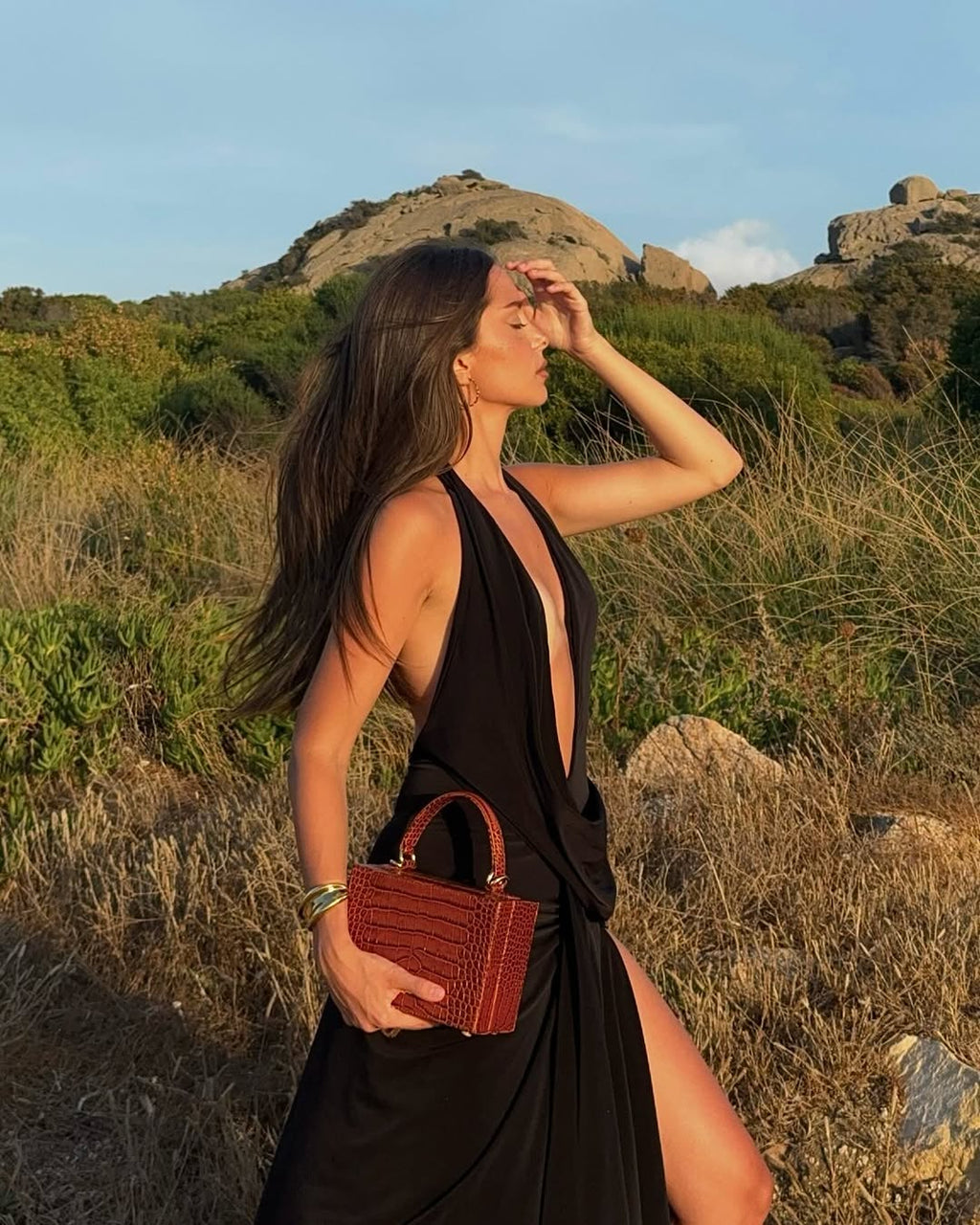 Draped Halter Neck Backless Side Slit Maxi Dress - Vacation