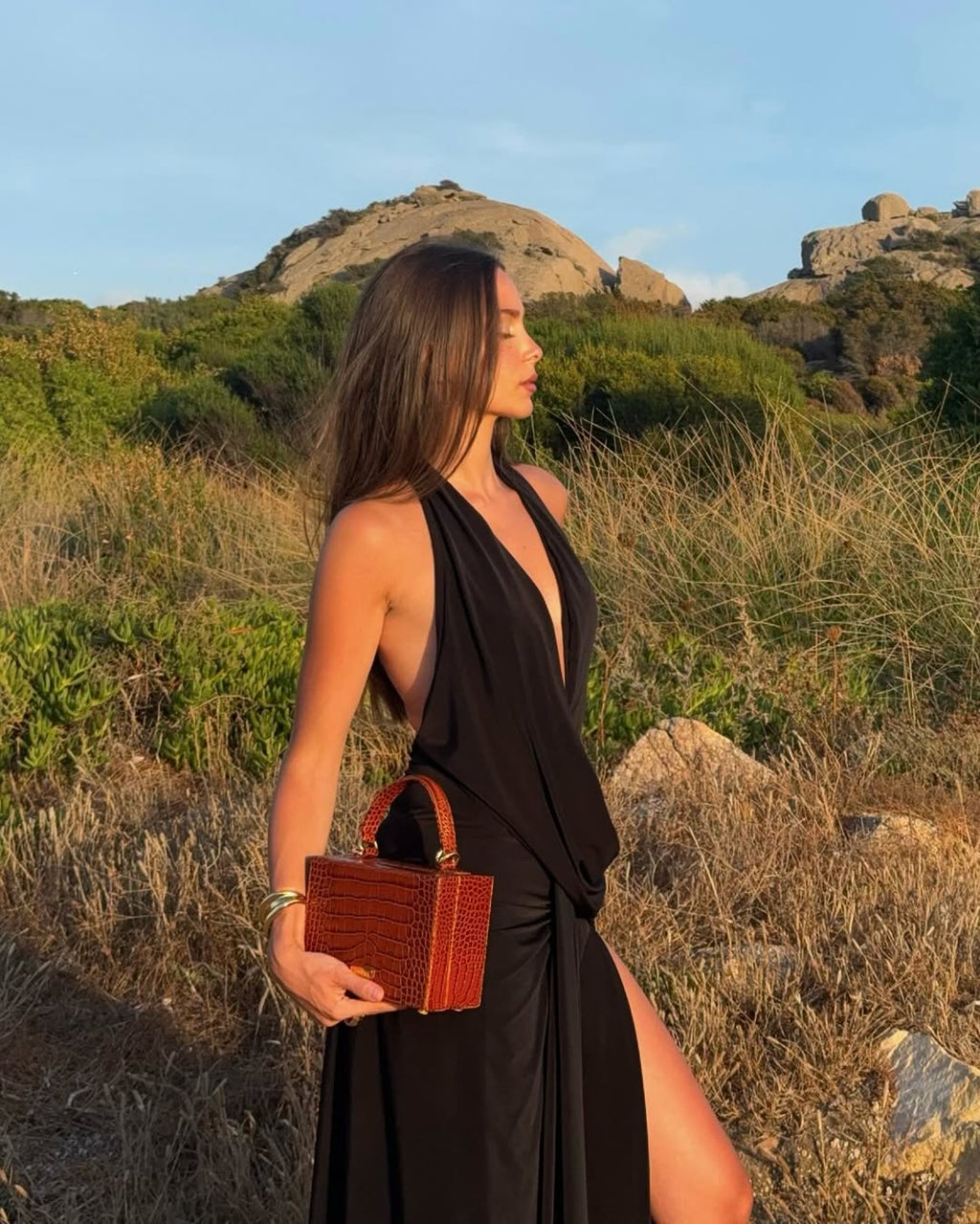 Draped Halter Neck Backless Side Slit Maxi Dress - Vacation
