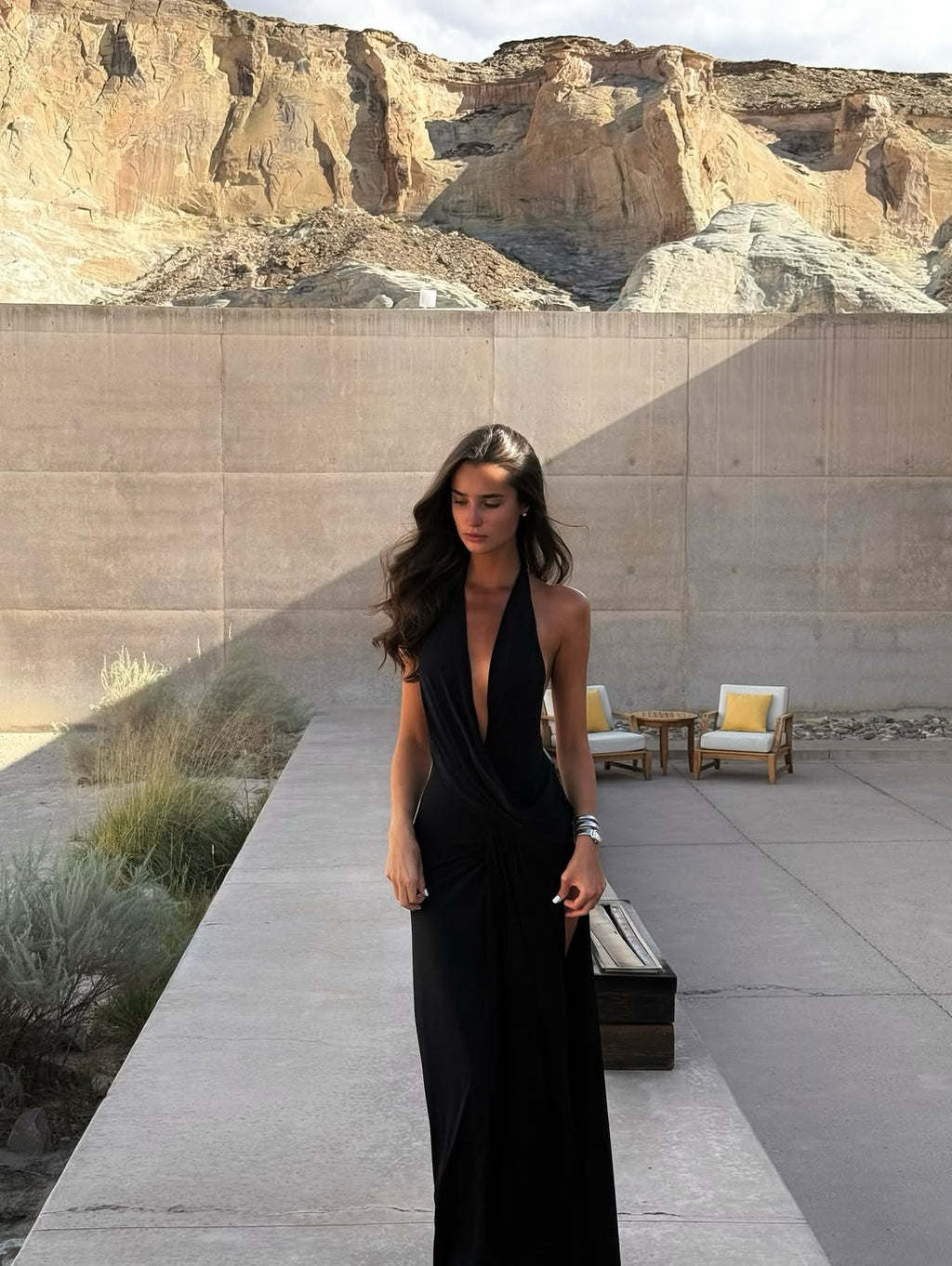 Draped Halter Neck Backless Side Slit Maxi Dress - Vacation