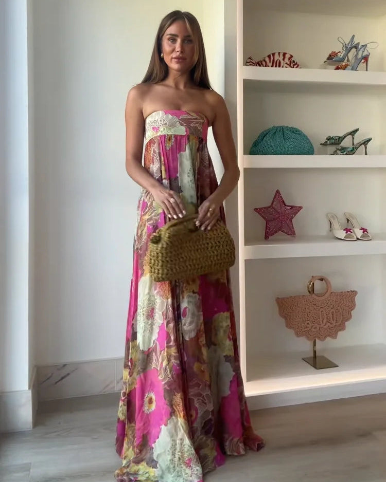 Strapless Flowy Floral Boho Maxi Dress - Wedding Guest