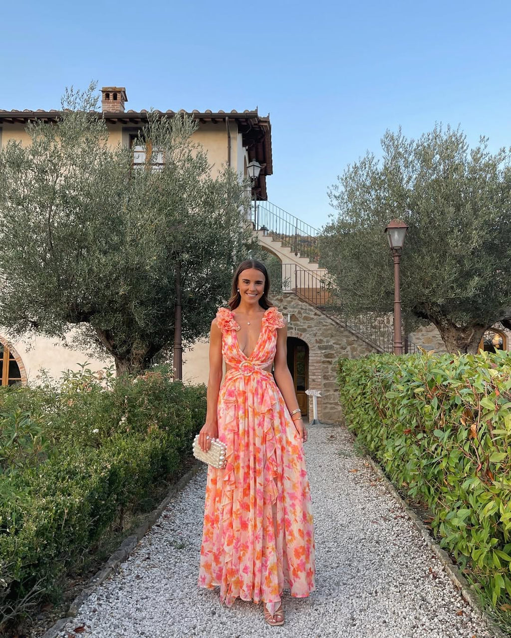 Floral Ruffle Shoulder Cut Out Maxi Dress - Wedding Guest