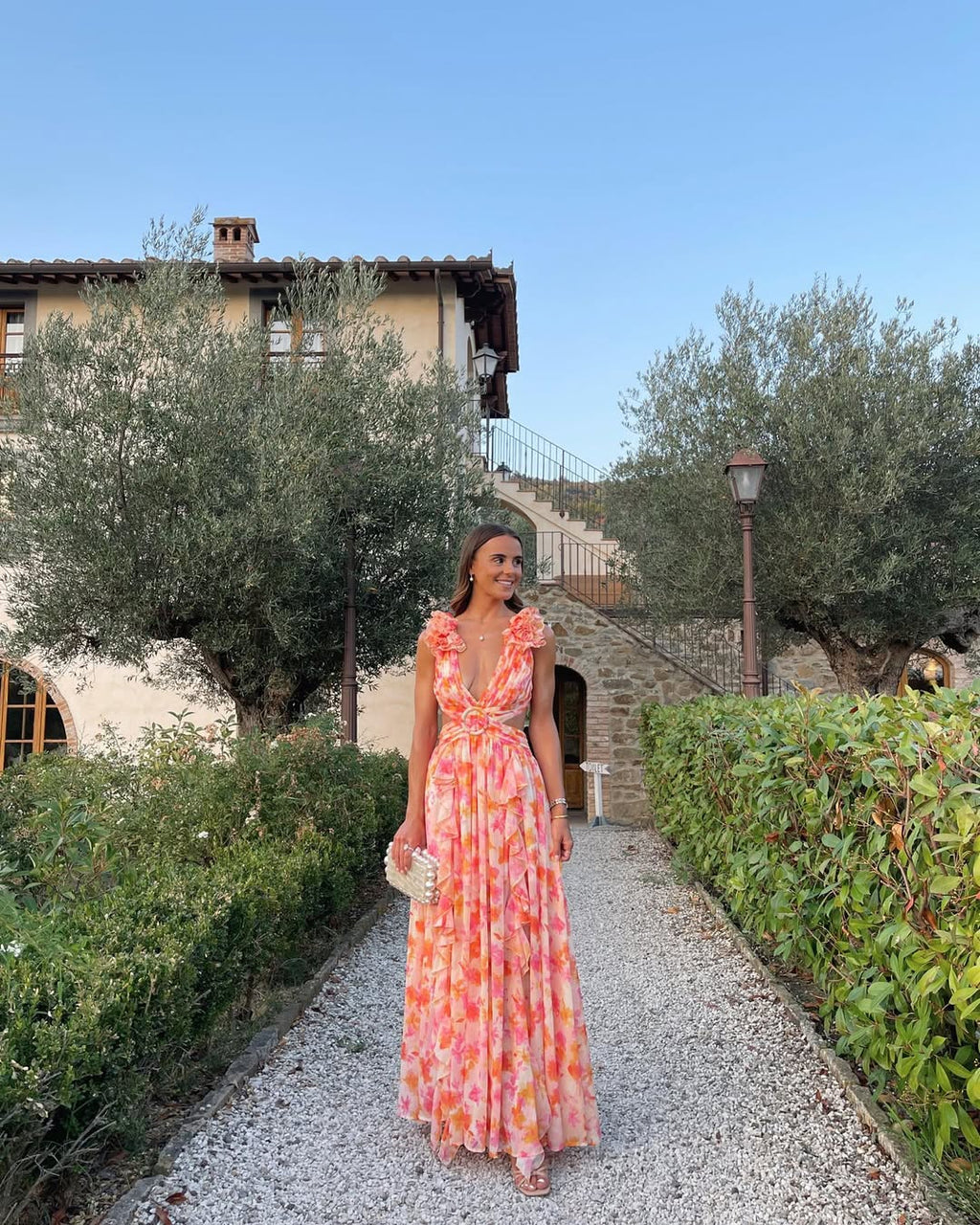 Floral Ruffle Shoulder Cut Out Maxi Dress - Wedding Guest