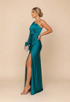 Satin One Shoulder Twist Knot Long Sleeve Maxi Dress - Wedding Guest