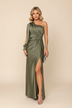 Satin One Shoulder Twist Knot Long Sleeve Maxi Dress - Wedding Guest
