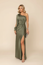 Satin One Shoulder Twist Knot Long Sleeve Maxi Dress - Wedding Guest