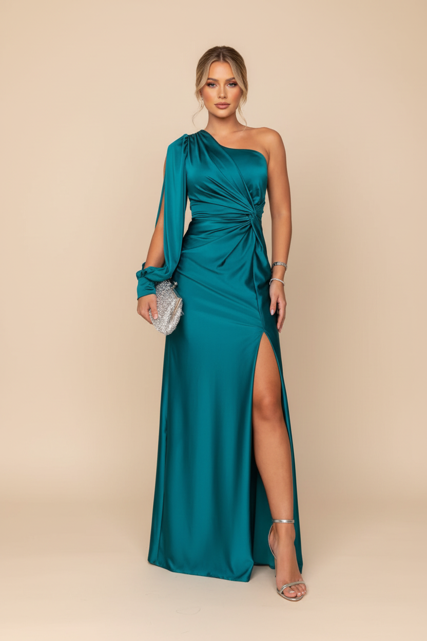 Satin One Shoulder Twist Knot Long Sleeve Maxi Dress - Wedding Guest