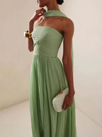 Strapless Ruched Bodice Scarf Detail Flowy Maxi Dress - Wedding Guest