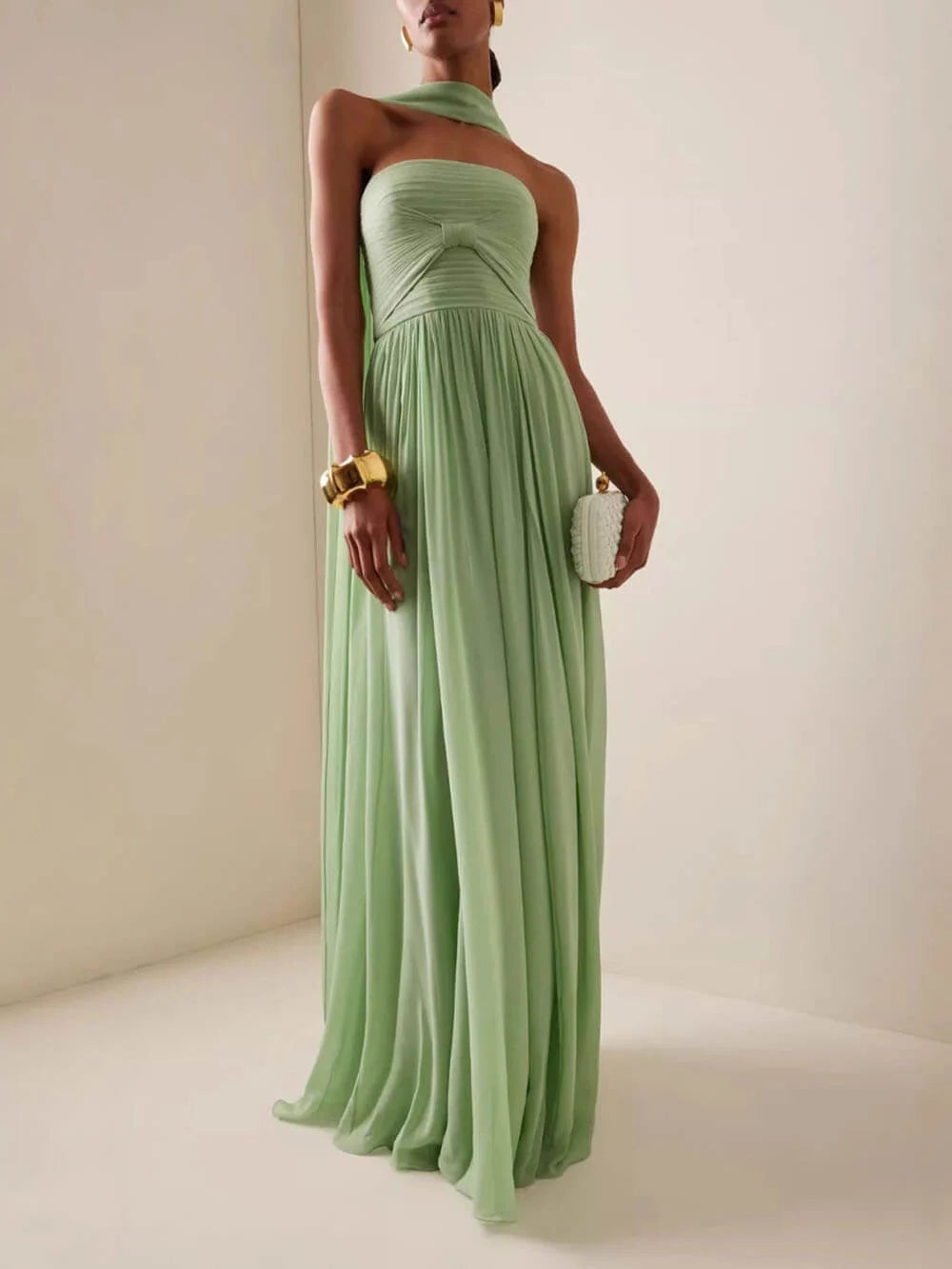 Strapless Ruched Bodice Scarf Detail Flowy Maxi Dress - Wedding Guest