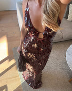 Sequin Petal Spaghetti Strap Keyhole Maxi Dress - Evening Gown