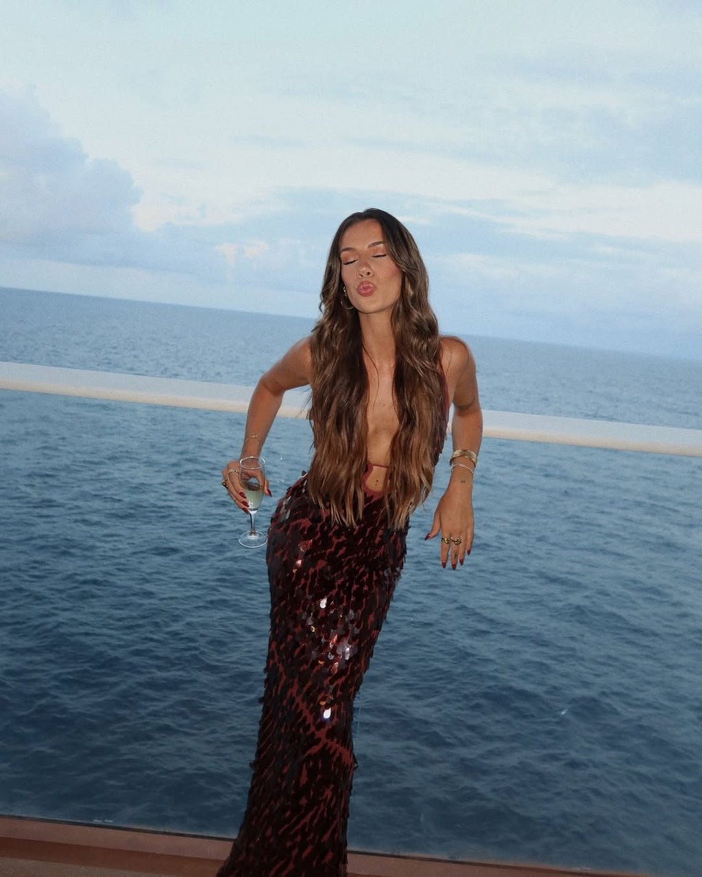 Sequin Petal Spaghetti Strap Keyhole Maxi Dress - Evening Gown