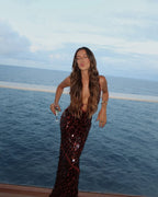 Sequin Petal Spaghetti Strap Keyhole Maxi Dress - Evening Gown