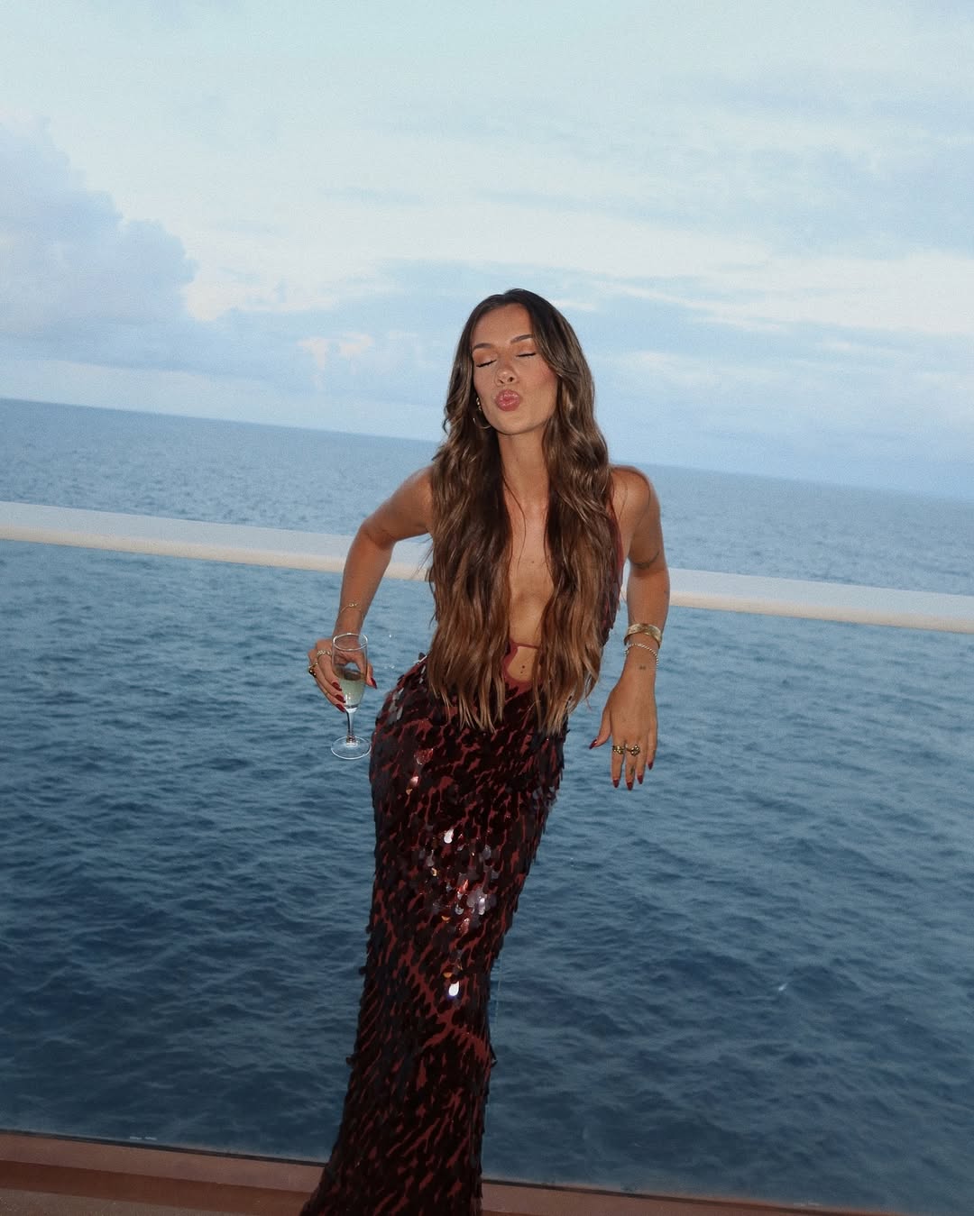 Sequin Petal Spaghetti Strap Keyhole Maxi Dress - Evening Gown