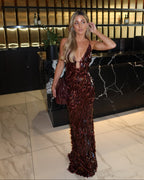 Sequin Petal Spaghetti Strap Keyhole Maxi Dress - Evening Gown