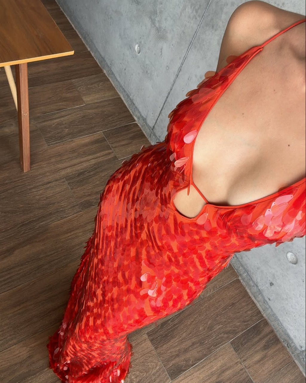 Sequin Petal Spaghetti Strap Keyhole Maxi Dress - Evening Gown