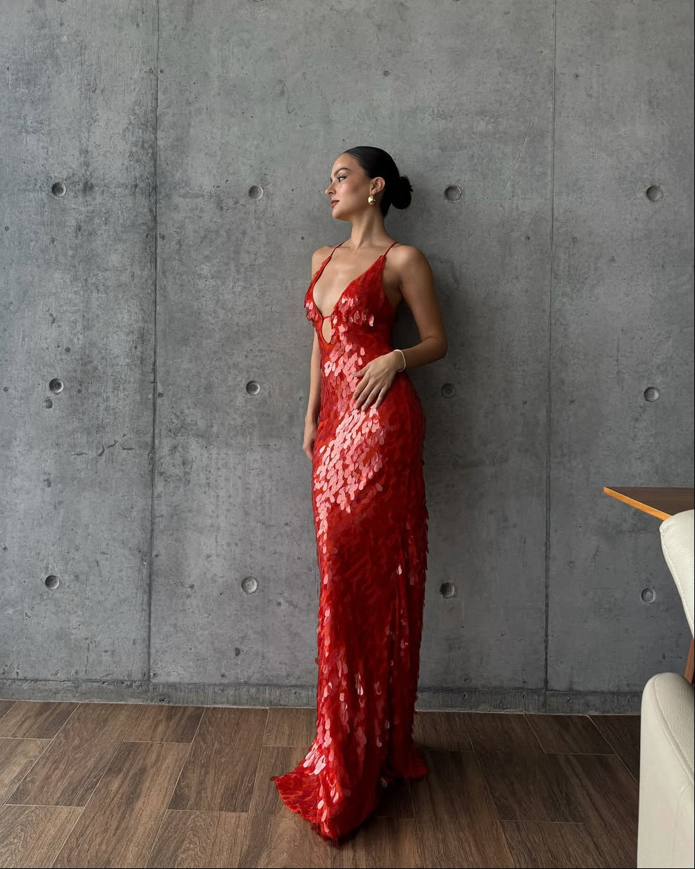 Sequin Petal Spaghetti Strap Keyhole Maxi Dress - Evening Gown