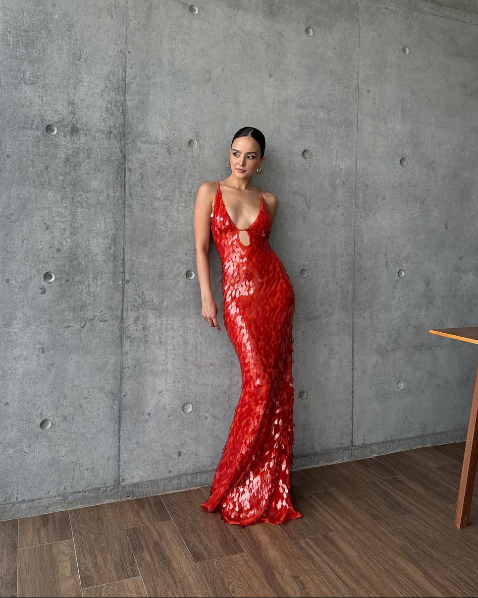 Sequin Petal Spaghetti Strap Keyhole Maxi Dress - Evening Gown