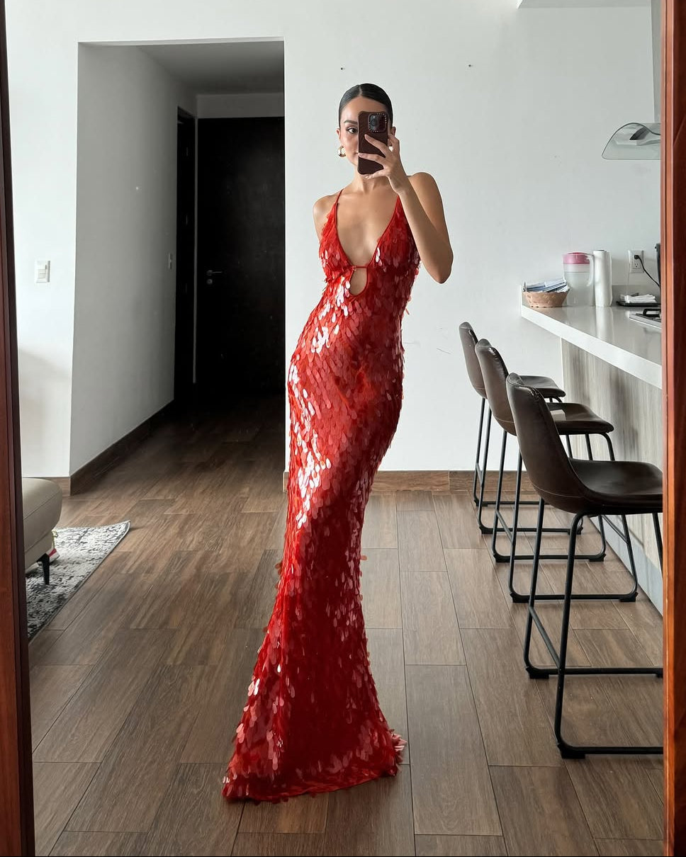 Sequin Petal Spaghetti Strap Keyhole Maxi Dress - Evening Gown