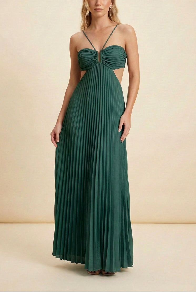 Elegant Pleated Halter Cut Out Maxi Dress - Wedding Guest
