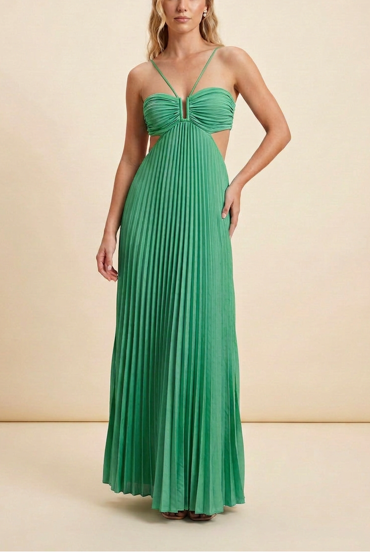 Elegant Pleated Halter Cut Out Maxi Dress - Wedding Guest